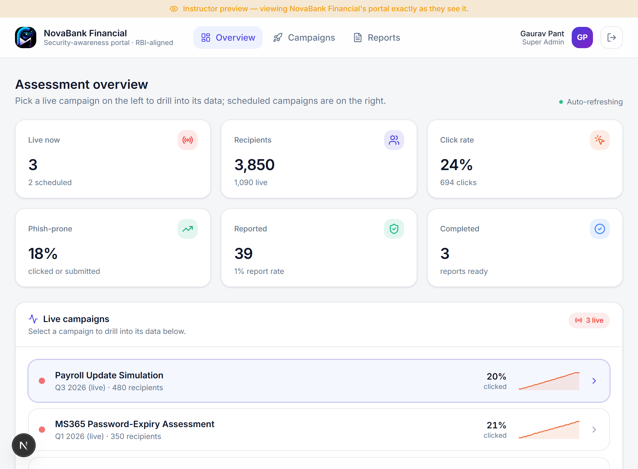 Client self-service portal — assessment overview